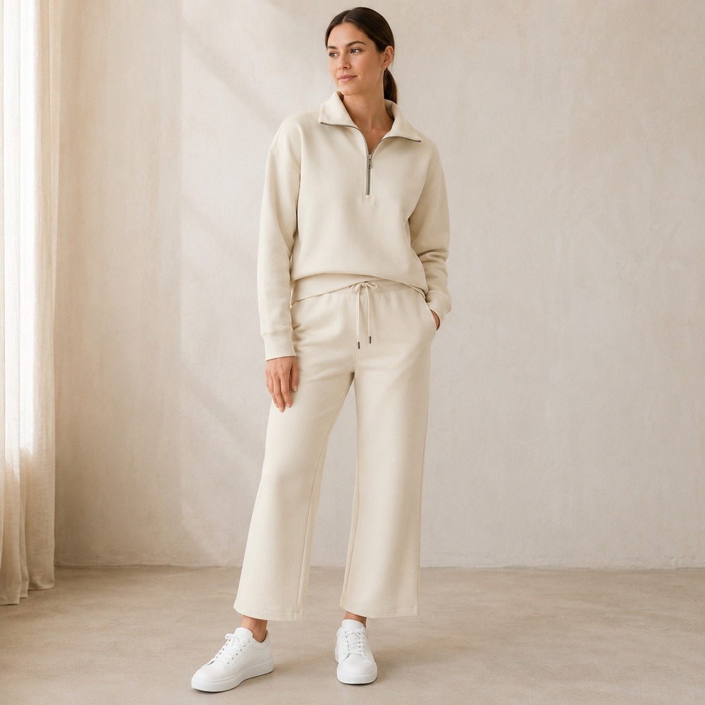 Member's Mark Sand Wash 2pc Set XXL NWT Cream Quarter Zip Wide Leg Crop Pants